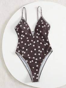 Swim Mod Summer Vacation Floral Pattern Lace-Up Plaid Contrast Color Adjustable Spaghetti Strap Deep V-Neck One-Piece Swimsuit - Multicolor - View 6