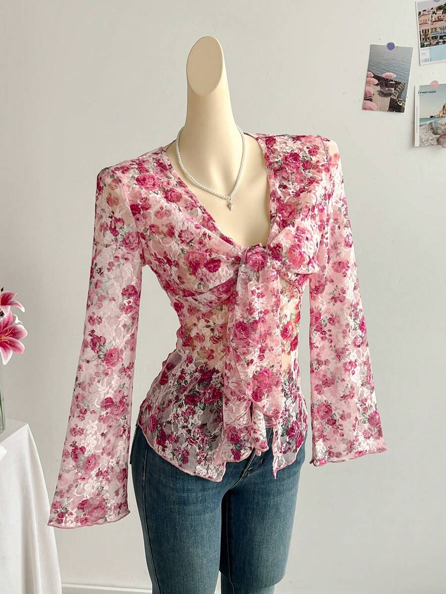 Soleia V领系带喇叭袖纹理休闲度假长袖上衣 - 彩色 - 查看 1