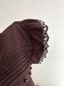 Elamini Blusa de manga de princesa con cuello cuadrado, con borde bordado y cintura entallada, para primavera/verano - Café integral - Ver 4