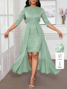 SHEIN Lady Autumn And Winter Christmas Party Dress Elegant Green Lace Round NeckAsymmetrical Flowy - Mint Green - View 8