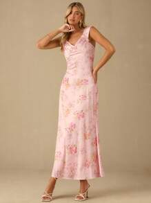 Enchnt Fall/Winter Romantic Women's Satin Butter Yellow Floral Print Sweetheart Neck Ruched Sleeveless Mermaid Maxi Dress,Sweet&Elegant For Vacation&Date&Holiday&Birthday&Party&Graduation&Wedding Guest&Office&Going Out&Halloween&Christmas,Autumn Dresses For Women,Fall Clothes For Women,Autumn Outfits For Women,Back To School - Pink - View 5