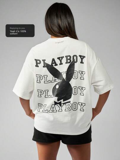 Missguided x Playboy Koszulka z grafiką oversize w stylu retro z klasycznym nadrukiem, z nadrukiem Streetwear, hip-hopowa moda, miejska, swobodna, letnia, na zewnątrz, na festiwal, odzież domowa