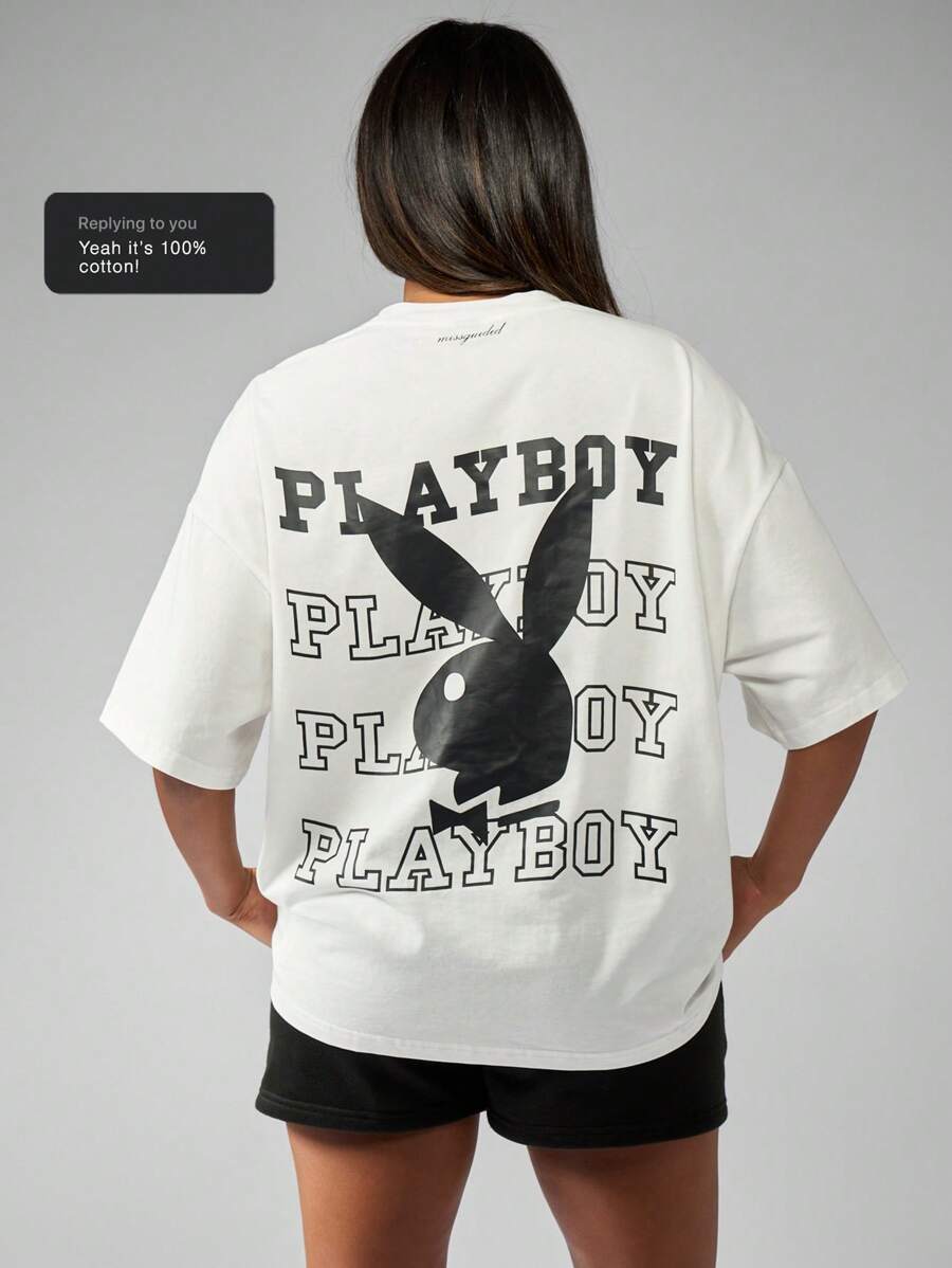 Missguided x Playboy Koszulka z grafiką oversize w stylu retro z klasycznym nadrukiem, z nadrukiem Streetwear, hip-hopowa moda, miejska, swobodna, letnia, na zewnątrz, na festiwal, odzież domowa