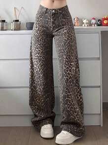 13 岁及以上青少年中性豹纹修身直筒牛仔裤，百搭经典 5 口袋款式，松紧腰带，拉链和纽扣闭合，适合音乐节、街头服饰、休闲、复古、街头风格，全年穿着