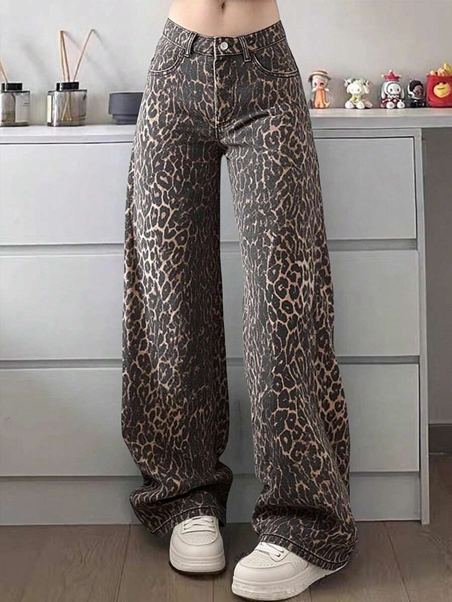 13 岁及以上青少年中性豹纹修身直筒牛仔裤，百搭经典 5 口袋款式，松紧腰带，拉链和纽扣闭合，适合音乐节、街头服饰、休闲、复古、街头风格，全年穿着