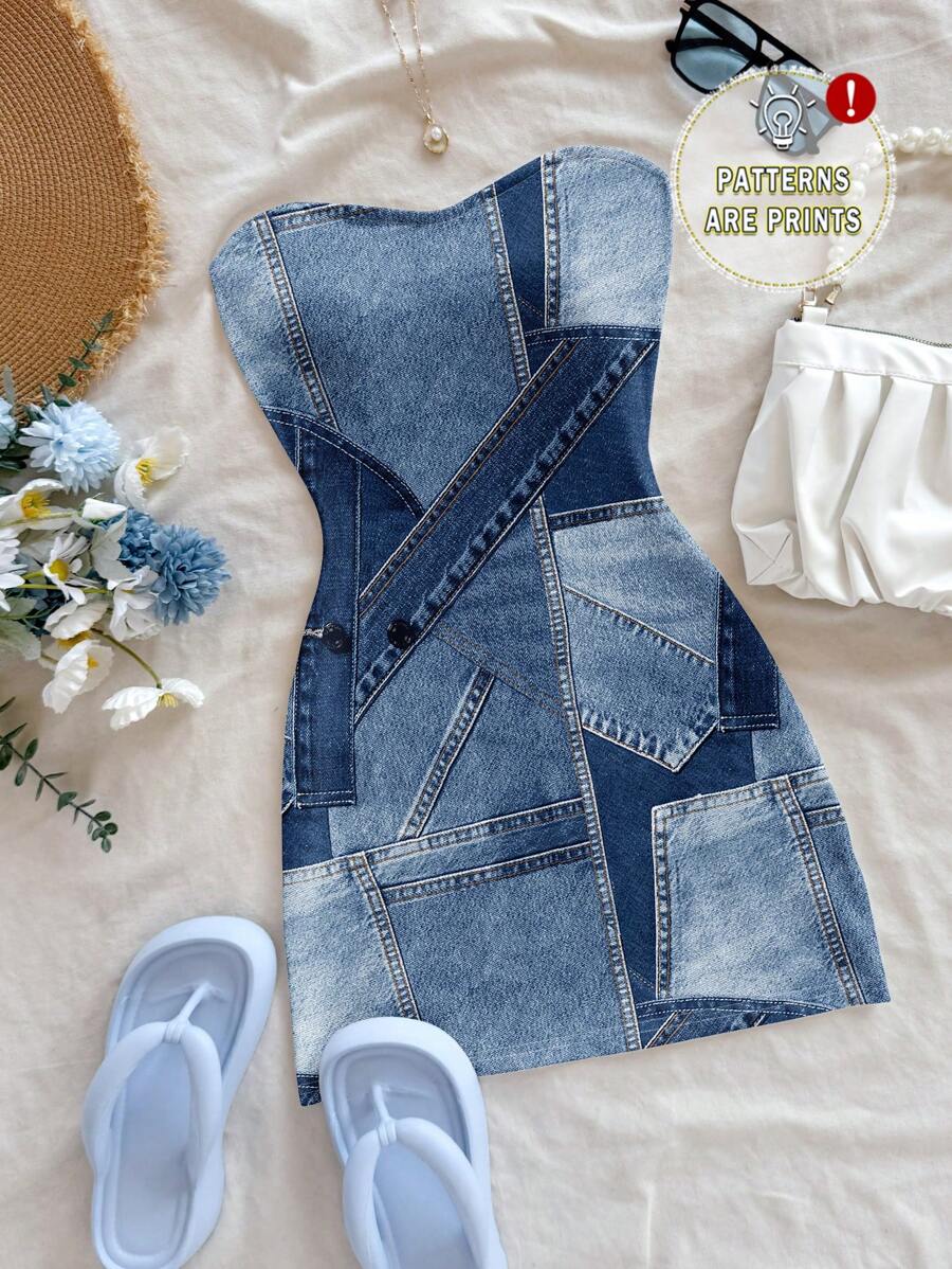 Soleia 复古蓝色印花迷你连衣裙，复古风格，休闲/度假氛围，性感，可爱的 Y2K Coconutgirl 波西米亚度假，波西米亚音乐节风格，适合夏季 - 彩色 - 查看 1