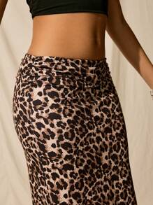 Easelle 女士時尚褶皺腰豹紋人魚裙 - 棕色 - 查看 5