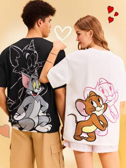 TOM & JERRY X SHEIN Women's Couple Y2K Street White Cute Jerry Cartoon Pattern Crew Neck Short Sleeve T-Shirt, Summer