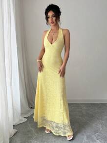 Rafferiza Elegant Bodycon Mock Neck Sleeveless Deep V Lining Full Lace Fabric Light Yellow Dress For Women, Spring/Summer - Light Yellow - View 7