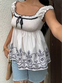 Sunnyshic Áo sơ mi cổ vuông tay loe in họa tiết thường ngày cho kỳ nghỉ hè của phụ nữ - Nhiều màu - Xem 1