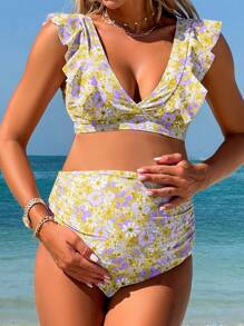 SHEIN 孕妇花卉V领荷叶边高腰比基尼套装，适合夏季海滩度假 - 彩色 - 查看 3