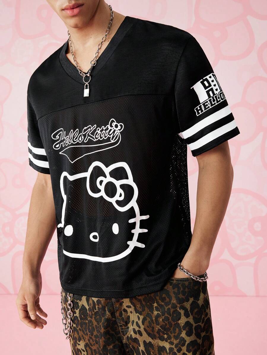 HELLO KITTY AND FRIENDS | SHEIN Men's Letter & Cartoon Pattern V-Neck Short Sleeve T-Shirt