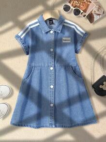 SHEIN Explorewe Back-To-School Blue Autumn Girl Denim Dress,Casual Short Sleeve Polo Collar Washed Cotton Feel Jeans Dress For Girls,Outdoor School Daily Wear - Blue - View 9