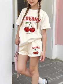 SHEIN Leap Crew Vintage Cherry Pattern, Cream White, Teen Girl Casual Minimalist Round Neck Short Sleeve T-Shirt & Loose Shorts 2 Piece Set, Suitable For Spring/Summer, Chill Summer, Vacay Vibes Cherry T Shirt Cherry Clothes Tween Cherry T-Shirt Cute Cherry Tee Y2k Cherry Graphic Tee - Multicolor - View 3