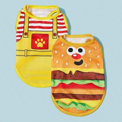 PETSIN 宠物小狗/小猫卡通汉堡印花条纹吊带裤+透气凉爽背心2件套，适用于猫狗