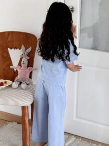 DAZY 女童格子短袖衬衫和裤子家居服套装，春夏款 - 藍色 - 查看 6