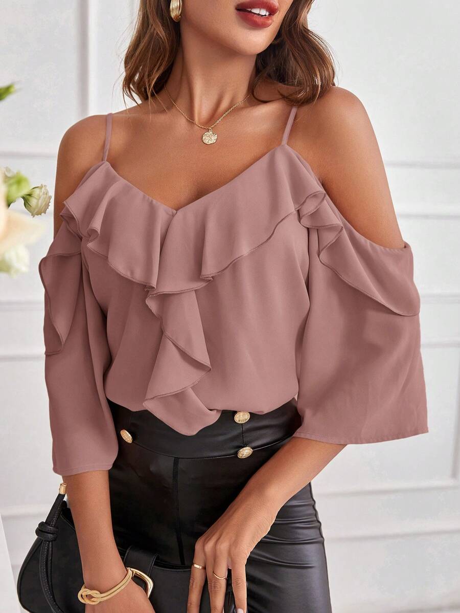 SHEIN Clasi Camisa de primavera para dama con hombros descubiertos y volantes al tono - Rosa vieja - Ver 1
