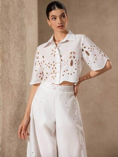 Aveloria Rosie 2pcs Embroidery Hollow Elegant Top + Pants Women Suit Sets