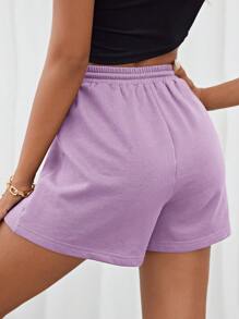 SHEIN EZwear Plus Size Women Drawstring Waist Purple Color Knit Sporty Short Sweatpants, Shorts For Women Comfy, Sweat Shorts Women