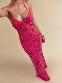 SHEIN BAE Women's Rhinestone Floral Pattern Mermaid Hem Fitted Elegant Skirt - Hot Pink - View 7