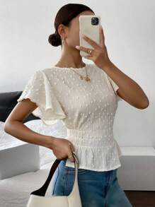 SHEIN Essnce Women's Casual Swiss Dot Ruffle Sleeve Blouse, Summer - Yellow - View 2