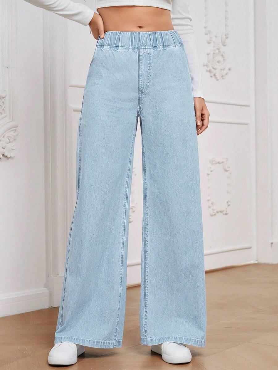 EMERY ROSE Women Loose High Waist Wide Leg Woven Casual All-Match Versatile Black Jeans, Suitable For All Seasons - Light Wash - View 1