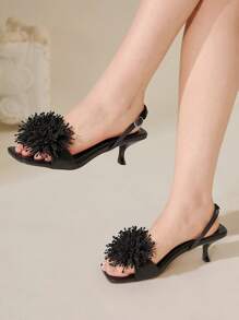 CUCCOO CHICEST Women Pearly Toe Strap Rhinestone Decor Pointed Toe Low Block Heel Elegant, Charming, Sexy, High-Class Vacation & Clubbing Black High Heel Sandals Slippers - Black - View 2