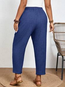 SHEIN Frenchy Plus Size Solid Color Casual Trousers With Elastic Waist And Diagonal Pockets - Royal Blue - View 6