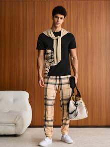 SWAVVY Hombres Camiseta con estampado de oso & Pantalones de cuadros de cintura con cordón