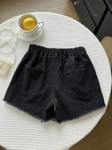 Tween Girls' Bow Accent Faux Pearl Rivet Embellished Denim Shorts - Black - View 2