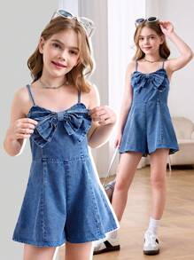SHEIN Girlism Mono vaquero con lazos tridimensionales cómodos y de estilo vintage Y2K para niñas preadolescentes, ropa de diario, atuendos de verano y primavera, ropa para festivales y playa