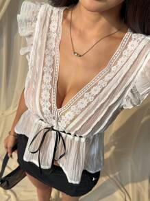 SHEIN EZwear 女士撞色蕾丝小袖系腰时尚衬衫 - 白色 - 查看 1