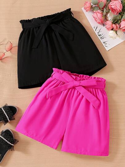 SHEIN Sparklyn شورتات صيفية كاجوال بأسلوب بريبي للفتيات المراهقات، مزينة بكشكشة وخصر مطاطي وحزام ثنائي اللون
