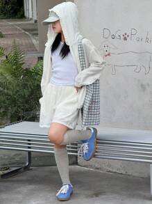 2 件 Tween Girl 连帽夹克 + 短裤套装，秋季服装，返校服装 - 白色 - 查看 7