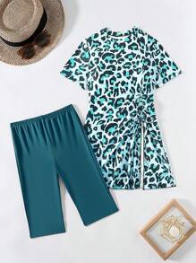 Swim Mulvari 2pcs Set Mulvari Spring Burkini Swimsuit Bikini Set, All Over Print Top & Classic Leopard Bike Shorts Combination For Summer Beach Vacation - Multicolor - View 4