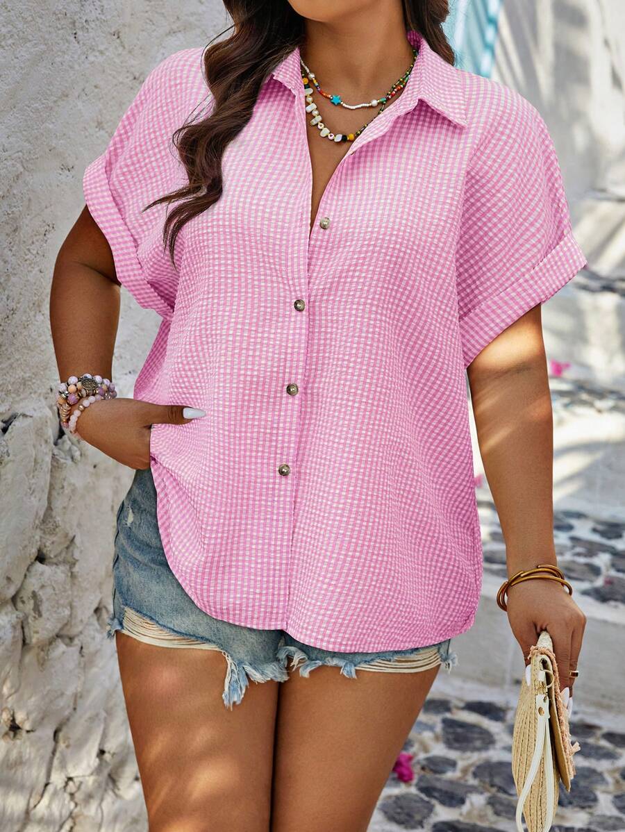 Calvaya Plus Size Random Print Button Down Casual Shirt, Summer - Pink - View 1