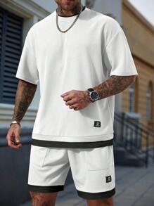 Manfinity CasualCool 休闲男士字母图案圆领短袖T恤和抽绳腰短裤套装 - 白色 - 查看 6