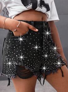 Ragazze pre-adolescenti Y2K Primavera Estate Rottura Pantaloncini di jeans mini basic con vita alta, strass e orlo grezzo, Pantaloncini da spiaggia boho per ragazze per vacanze estive, Outfit casual da concerto e festival estivi, Outfit da brunch estivo, chiesa e laurea per ragazze, Streetwear, Outfit per il ritorno a scuola