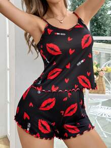 SHEIN مجموعة بليزر وسروال قصير مزينين برسمة الشفاه والقلب مع حافة مورّدة، 2 قطعة - الأسود - مشاهدة 6