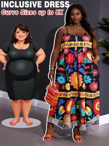 SHEIN CURVE+ 大码假日休闲全身花卉印花吊带裙夏季/乡村/海滩度假装/沙滩装/沙滩装