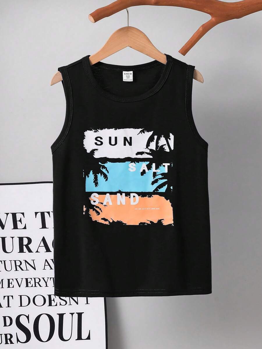 SHEIN Tween Boy Casual Vacation Style Palm Tree Pattern Sleeveless Loose Knit Tank Top, Suitable For Beach, Sports, Vacation, School - Black - View 1
