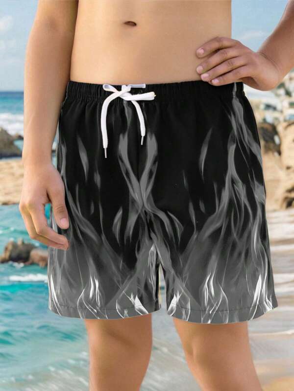 SHEIN Tween Boy Casual Street Flame Pattern Shorts/Swim Trunks/Swimwear For Beach, Swimming, Surfing