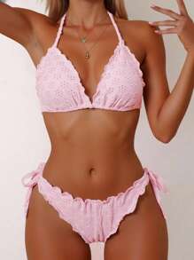 Vivid Eden Women's Pink Cute Halter Tie Swimsuit Set,Women Summer Clothing,Vacation Style,For Beach Vacation - Pink - View 1