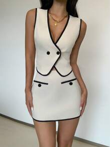 SHEIN PETITE 2件套：優雅黑白夏季早午餐穿搭，杏色背心上衣與高腰貼身梭織裙，後背繫帶女款生日禮服，適合嬌小女性 - 杏色 - 查看 5