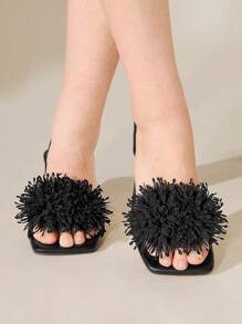 CUCCOO CHICEST Women Pearly Toe Strap Rhinestone Decor Pointed Toe Low Block Heel Elegant, Charming, Sexy, High-Class Vacation & Clubbing Black High Heel Sandals Slippers - Black - View 7