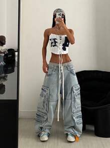 StreetHx Áo crop top hở vai in chữ mùa hè hở lưng khoét sâu buộc phía trước dành cho nữ - trắng - Xem 3
