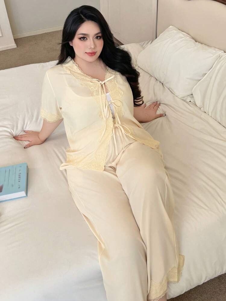 Dazy Plus Plus Size Lace-Up Short Sleeve Top And Loose Pants Pajama Set