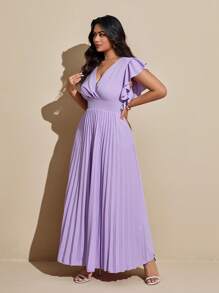 Viva Relle 大码女式优雅浪漫荷叶边V领褶皱飘逸婚礼宾客礼服 - 紫色 - 查看 4