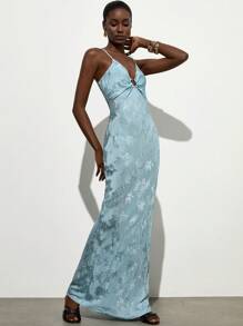 Aveloria Modichic Đầm dự tiệc hở eo, không tay, cổ chữ V, viền loa, chất liệu Jacquard lãng mạn - Màu xanh lam - Xem 4