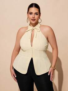 SHEIN Tall CURVE 夏季加大码简约纯色扭领镂空露背衬衫 - 杏色 - 查看 4